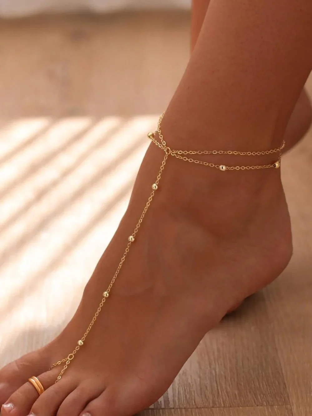 Dainty Anklet for Women - Trendy 14K Gold Plated Ankle Bracelets Adjustable Bead - Picture 4 of 9